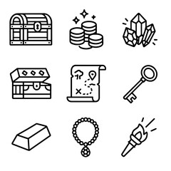 Treasure Icons Collection. Outline icon set of treasure chamber finds: ornate chest, gold coin pile, gem cluster, jewel-encrusted