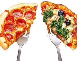 Two pizza slices, one pepperoni, one with kale, held by forks
