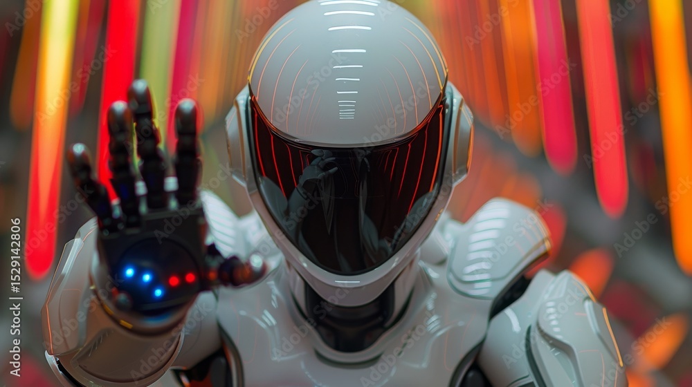 Poster an advanced robotic figure in a neon-lit environment, showcasing futuristic technology and the emerg