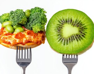 Two forks hold a mini pizza topped with broccoli, peas, and edamame, and a kiwi slice