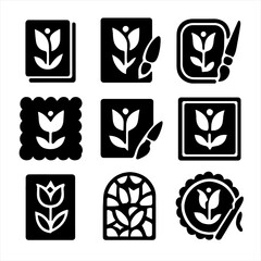 Tulip Craft Icons. Solid, Filled icon set of tulip art and craft: pressed flower, watercolor painting, embroidery, paper cutting,