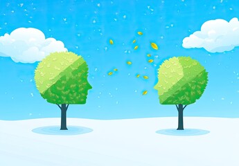 Two tree-shaped heads in profile, facing each other, with falling leaves.  Winter/spring transition