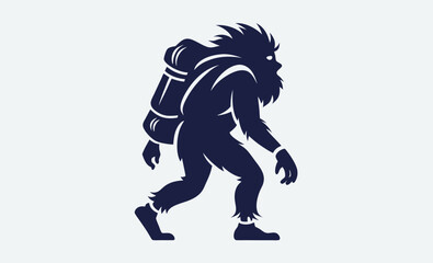 Bigfoot with backpack silhouette, hiking sasquatch silhouette, Bigfoot silhouette carrying a large backpack 