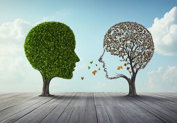 Two tree-head silhouettes, one green, one brown, face each other, communicating with butterflies