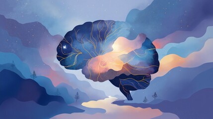 A vibrant brain appears against a mystical landscape, bathed in soft colors and illuminated with stars
