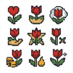 Tulip Symbolism Icons. Pixel art icon set of tulip symbolism: love, rebirth, spring, charity, fame, forgiveness, abundance,