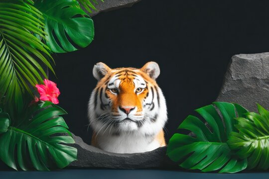 Tiger Portrait Amidst Lush Tropical Foliage