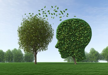 Two trees, one a head; nature and growth, connection