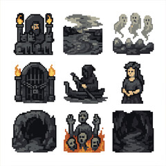 Obraz premium Underworld Icon Set. Pixel art icon set of Cerberus myth scenes: Hades throne, River Styx, soul spirits, underworld gate, Charon’s