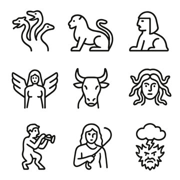 Underworld Creatures Icons. Outline icon set of underworld creatures: Hydra heads, Chimera silhouette, Sphinx riddles, Harpy wings
