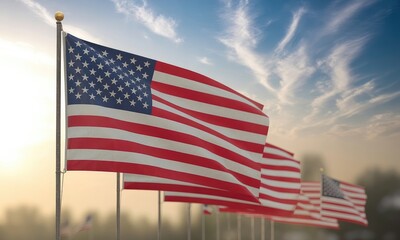 American flags waving in gentle breeze patriotism symbol