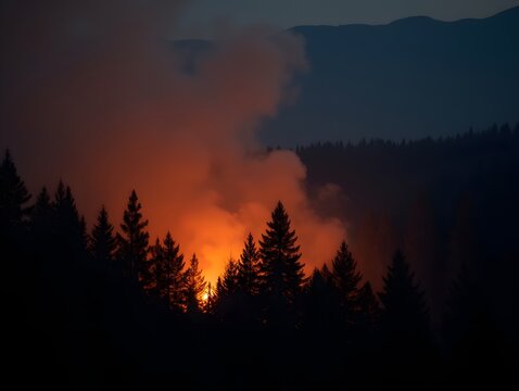 Intense Forest Fire in Dense Woodland at Twilight with Smoke Billowing