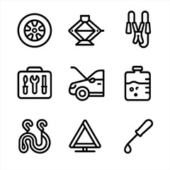 Vehicle Maintenance Icons. Outline icon set of vehicle maintenance on the go: spare tire, jack, jumper cables, tool kit, engine