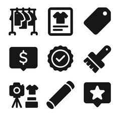 Vintage Reselling Icons. Solid, Filled icon set of vintage reselling: thrift rack, online marketplace screen, secondhand tag,