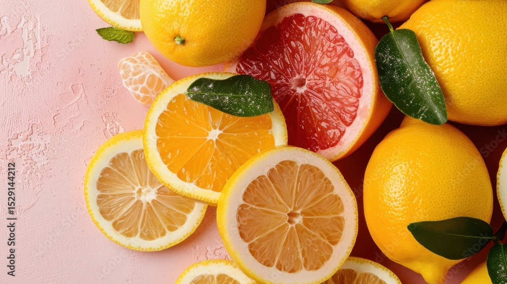 Poster an appealing display of fresh citrus fruits featuring lemons, oranges, and grapefruits arranged artf