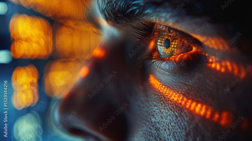 Aufkleber a captivating close-up of a person’s eye reflecting digital light patterns, illustrating the fusion 