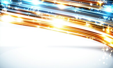 Abstract background with golden and blue glowing lines, light streaks, and glittering particles