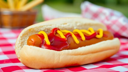 Close-up of a classic American hot dog in a soft bun, topped with mustard and ketchup, resting on a red-checkered picnic tablecloth, natural daylight