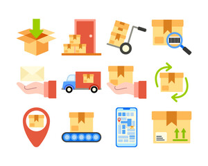 Flat delivery service icons pack representing shipping, parcel tracking, and warehouse logistics