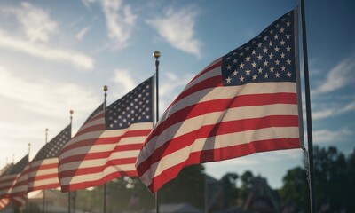 American flags waving in breeze patriotic symbol