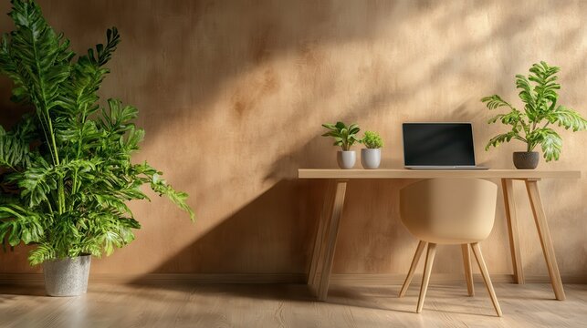 A minimalist workspace featuring a wooden desk, laptop, and lush green plants, illuminated by natural light, providing an uplifting and inviting environment for productivity.
