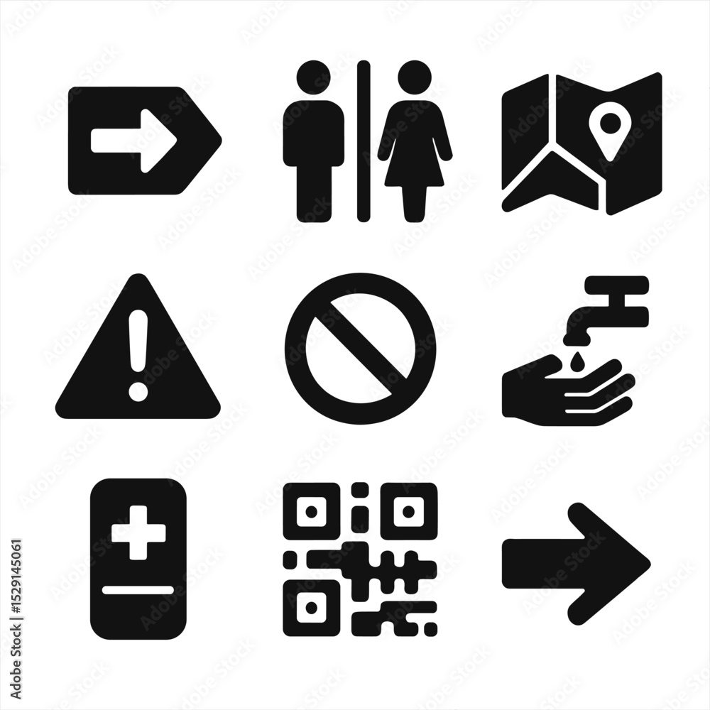 Poster wayfinding icon grid. solid, filled icon set of signage and wayfinding: exit sign, restroom sign, or