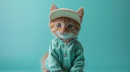A cute and fashionable kitten accessorized with a cap and outfit, sitting against a vibrant blue background, projecting an adorable and playful vibe perfect for pet lovers.