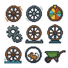 Wheel Idiom Icons. Pixel art icon set of wheel-related idioms: turning wheel, spinning wheel, wheel of fortune, cog in machine,