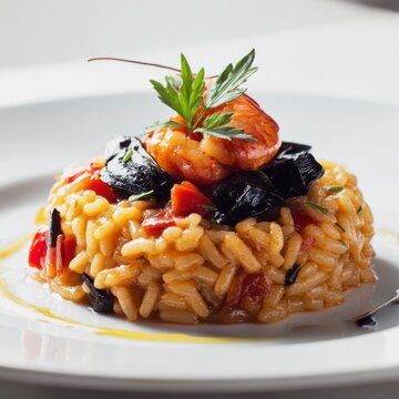 closeup shot ready to serve arroz de congro gourmet food styling minimal white background