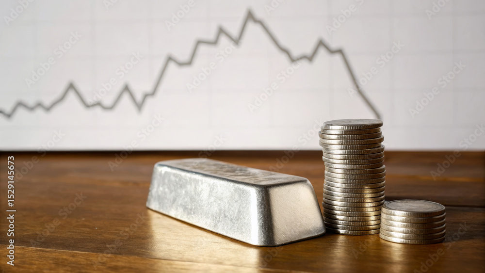 Poster currency fluctuation on commodities concept. silver bar and coins with a declining graph in the back