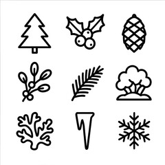 Fototapeta premium Winter Flora Icons. Outline icon set of winter mountain flora: pine tree, holly berry, fir cone, mistletoe, evergreen branch, snow