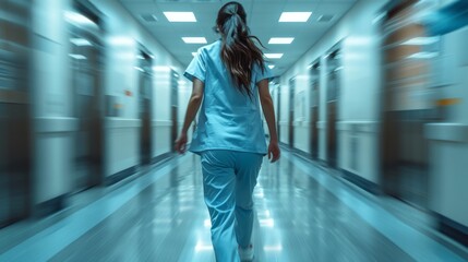 A focused healthcare professional in scrubs walks down a brightly lit hospital corridor, representing the dedication and hard work of medical staff during challenging times.