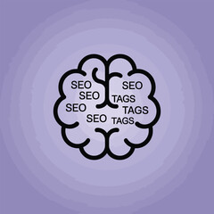 Brain with seo tags icon for digital marketing and search engine optimization