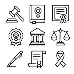 Women's Rights Icons. Outline icon set of women’s rights legislation: gavel, law book, certificate, seal, courthouse, scales of