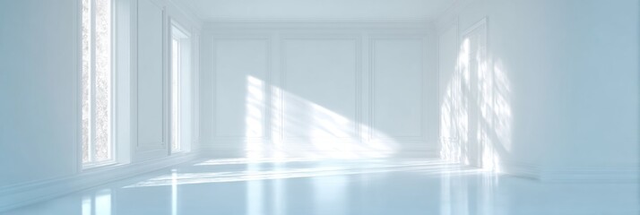 Fototapeta premium Bright Minimalist Studio with Soft Sunlight Streaming Through Windows, Ideal for Art and Design