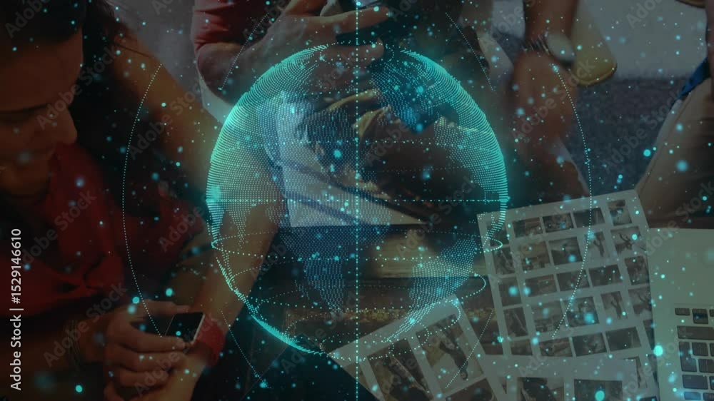 Poster after pointing portrait frame designers scanning sheets using laptop and rotating holographic globe