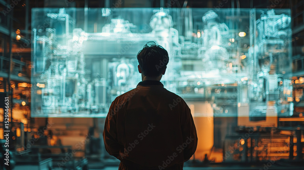 Poster factory worker viewing a holographic projection of machine internals, showcasing predictive maintena