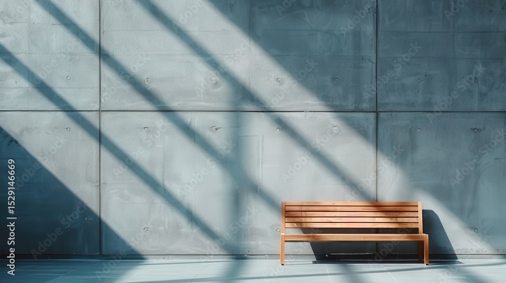 Poster this image showcases a minimalist wooden bench positioned against a textured concrete wall, illumina
