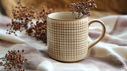 A cozy, rustic still life featuring a grid-patterned mug with dried flowers on a soft, textured fabric.