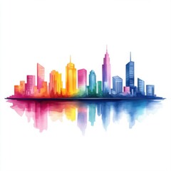 Fototapeta premium Colorful Watercolor City Skyline with Reflection on White Background