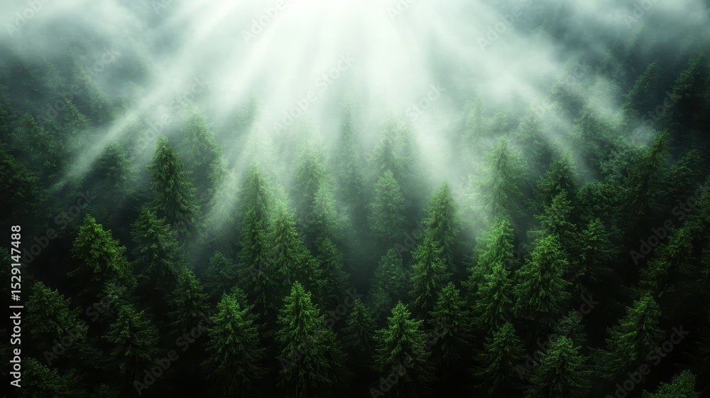 Aufkleber a stunning aerial image showcasing a dense pine forest shrouded in mist with rays of sunlight pierci