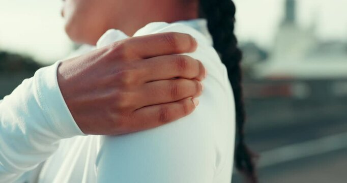 Runner, shoulder pain and closeup of woman in city for health emergency, joint strain and sports injury. Anatomy, tendinitis and muscle trauma with person outdoor for inflammation and accident