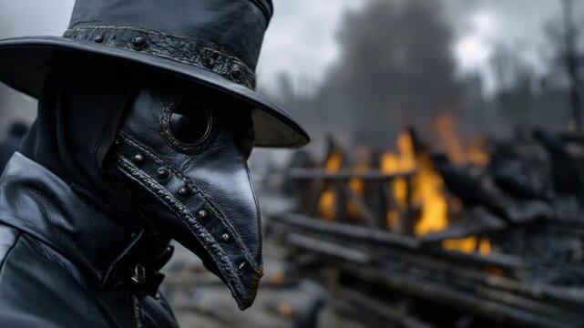 Men wearing plague doctor masks watch over burning pyres, symbolizing the devastation caused by the bubonic plague in a medieval village. People are suffering from the impacts of disease and death