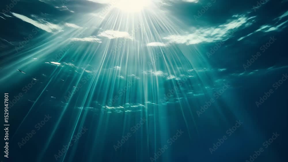 Poster underwater view of sunlight filtering through ocean waves and creating ripples, underwater ocean wav