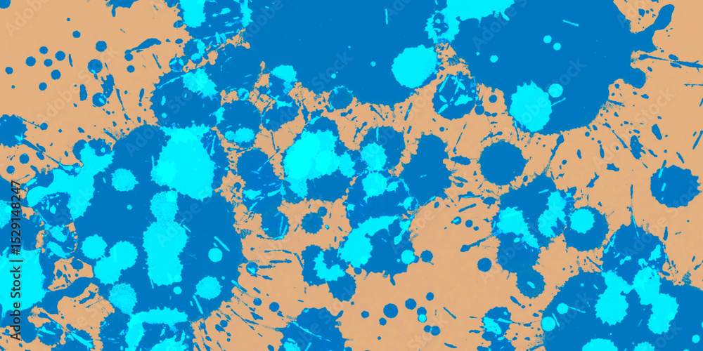 Poster abstract background features numerous irregular blue paint splatters and brush strokes, creating a d