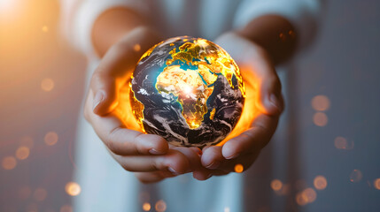 Person holding a glowing earth globe in their hands with bright light and bokeh effect surrounding it