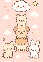 Naklejka premium Cute animals stack sky