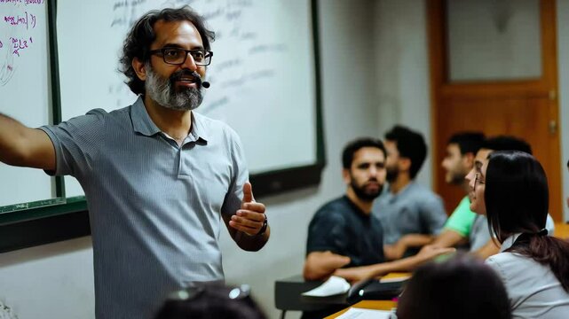 Brazilian professor teaches engaging math class to students in classroom setting, Brazilian professor giving math class to a group of adults and adults at a university in Brazil