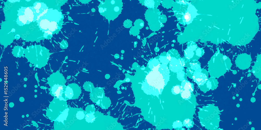 Poster background features numerous irregular light blue and teal paint splatters, creating a vibrant and t