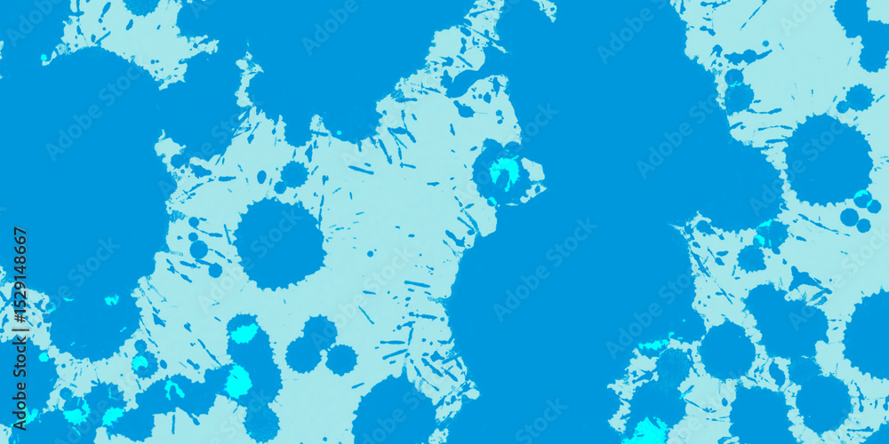 Poster abstract background features numerous irregular blue paint splatters and brush strokes, creating a d